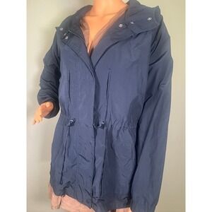 GapFit Navy Lightweight Hooded Jacket Medium Packable Windbreaker Cinch Waist